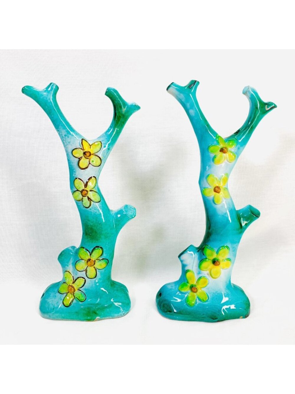 VTG Acabbo Amalfi Italy MCM Art Pottery Coral Form Sculptures Pair 10.5” Daisy